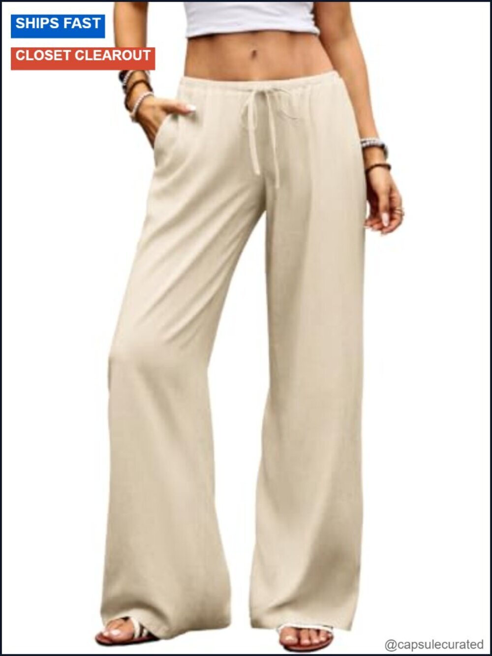 Wide Leg Linen Palazzo Pants Low Rise Drawstring Elastic Waist